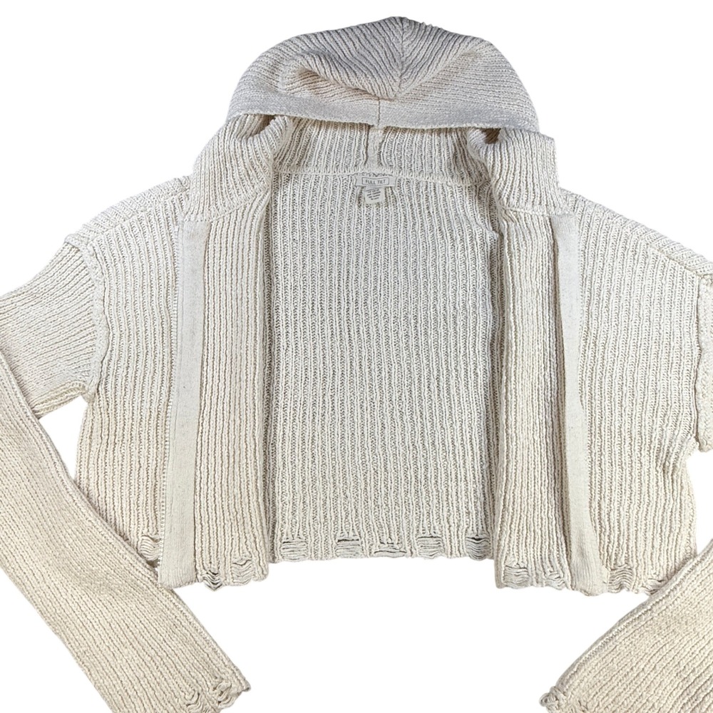 Full Tilt Cropped Knit Hoodie Sweater Womens M Ivory Zip Up Distressed Hem Y2K - Picture 7 of 11